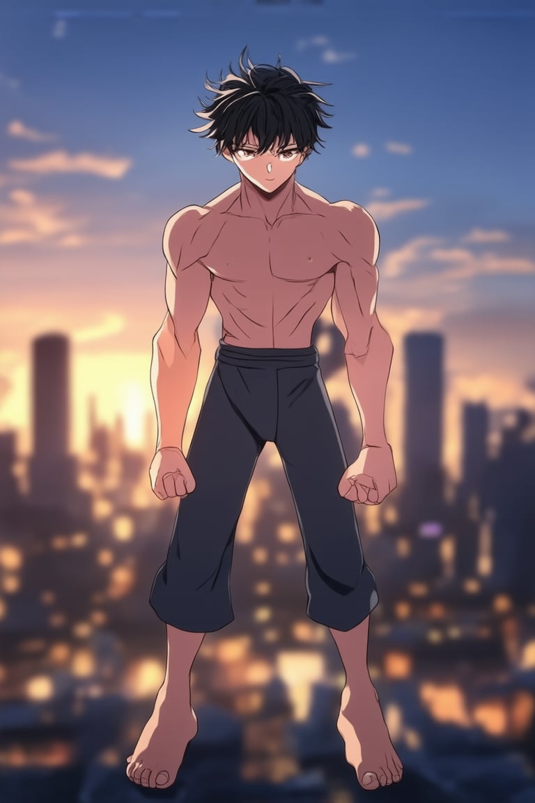 A close-up shot of a determined anime character standing confidently with feet shoulder-width apart, knees slightly bent, and fists clenched. The subject's eyes gleam with an intense determination, their eyebrows furrowed in focus. A soft golden light illuminates the scene from above, casting a warm glow on the character's facial features. The background is a blurred cityscape at sunset, with vibrant oranges and pinks blending into the horizon.