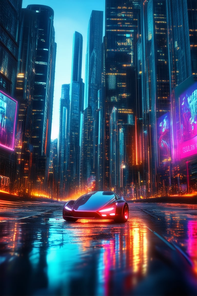 A cityscape at dusk, with towering skyscrapers and neon lights reflecting off wet pavement. A sleek, silver hovercar glides effortlessly down a deserted street, leaving a trail of iridescent sparks. The futuristic metropolis's skyline is ablaze with holographic advertisements, casting an otherworldly glow.