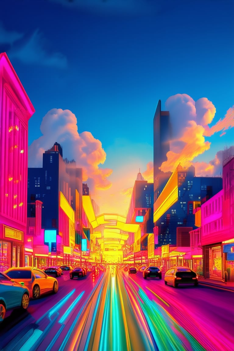 A vibrant, colorful cityscape at sunset, with neon lights illuminating a bustling street scene. Bright pink and yellow buildings stand out against a deep blue sky, where puffy white clouds are painted with streaks of orange and purple hues. Cars zoom by in the foreground, their headlights shining like tiny jewels amidst the kaleidoscope of colors.