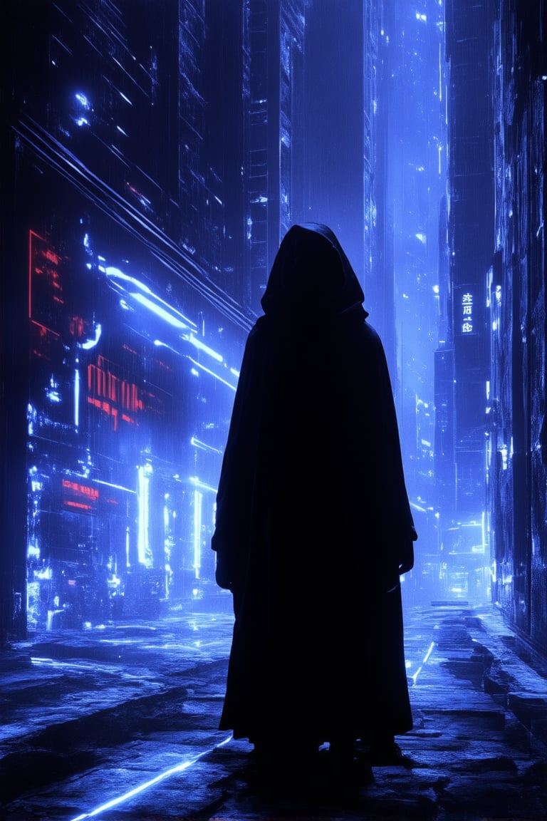 In a dimly lit, neon-drenched alleyway, a lone figure cloaked in shadows steps out of the darkness. The subject's cybernetic eye glows bright blue, as they gaze up at a towering skyscraper, its LED lights pulsating like a digital heartbeat. Flickering holographic advertisements swirl around them, casting an eerie glow on their rugged features.