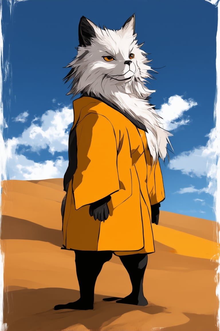 A bright yellow Hakame, standing tall against a warm sandy dune backdrop. The golden hues of the sun-kissed terrain harmonize with the vibrant yellow hue of the Hakame's fur as it proudly holds its head high. Framing the subject, a dramatic sky with wispy clouds adds depth to the composition, while the soft lighting accentuates the textures of the Hakame's coat.