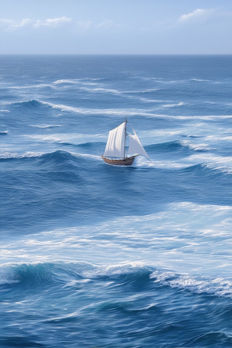 A majestic blue ocean sprawls before us, the horizon stretching out to infinity. The waves gently lap at the shore, their foamy crests glistening like diamonds in the soft sunlight. A lone sailboat drifts lazily across the frame, its white sails billowing in the breeze as it disappears into the distance.