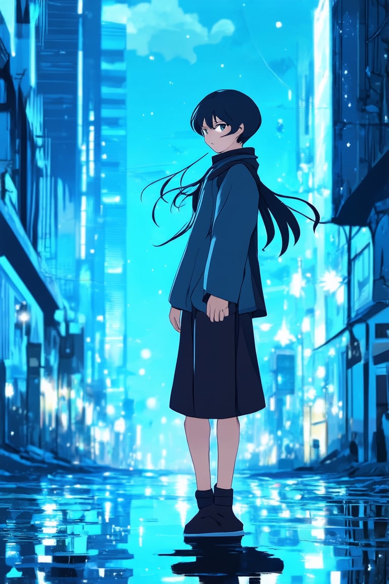 A vibrant blue-hued anime scene: a young protagonist stands confidently against a bright blue cityscape at dusk, with neon lights reflecting off wet pavement. Her short hair flows in the gentle breeze as she gazes out at the distant skyscrapers, her eyes shining like sapphires under the soft glow of streetlights.