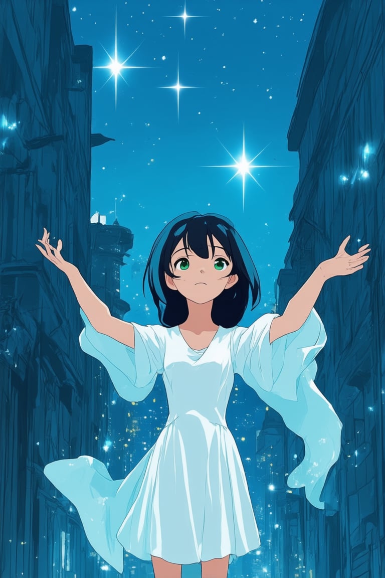 A vibrant blue-hued anime scene: a young girl with piercing green eyes and jet-black hair stands against a bright blue cityscape at dusk. She's dressed in a flowing white dress, her arms outstretched as she gazes up at the sky. Soft sunlight casts a warm glow on her face, while the surrounding buildings are bathed in a deep blue hue, with neon lights beginning to twinkle like stars.