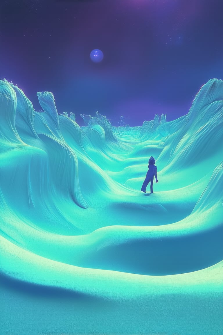 A surreal landscape unfolds as a gradient world morphs into existence. Soft, swirling hues of blue and green blend seamlessly, forming an otherworldly terrain. In the distance, wispy tendrils of light dance across the horizon. A lone figure stands at the edge, silhouetted against the vibrant backdrop, their pose contemplative.