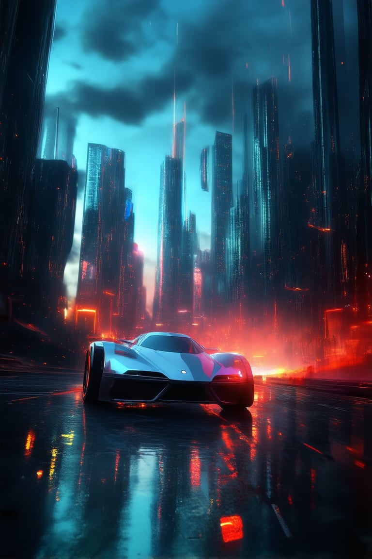 A futuristic metropolis rises from the smog-filled horizon, neon-lit skyscrapers piercing the dark sky like shards of glass. The cityscape's angular lines and curves are reflected in the wet pavement, as a sleek, silver hovercar glides effortlessly down the deserted street, its headlights casting an otherworldly glow.