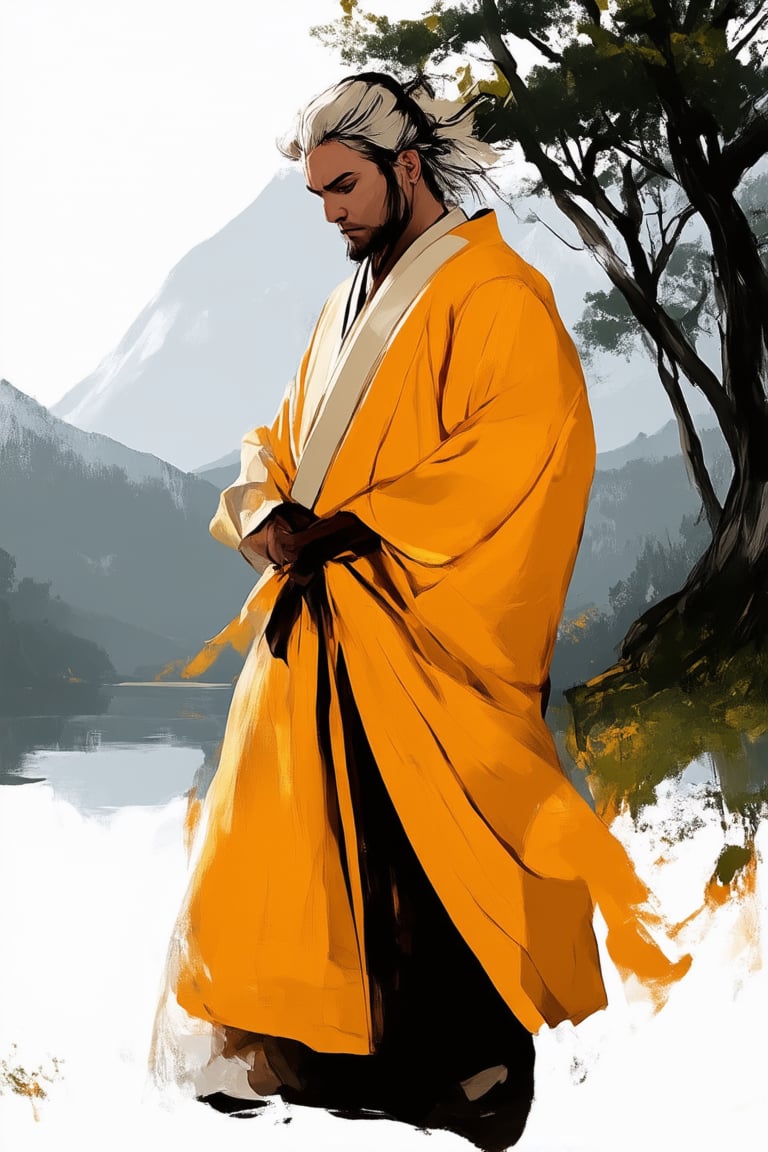 A bright yellow Hakama robe worn by a traditional Japanese samurai, partially obscured by a wispy fog rolling in from the misty mountainside. The folds of the garment are sharply defined against the soft, atmospheric lighting, as if illuminated from within. In the background, a tranquil valley stretches out, with ancient trees and a serene lake reflecting the warm hues of the setting sun.