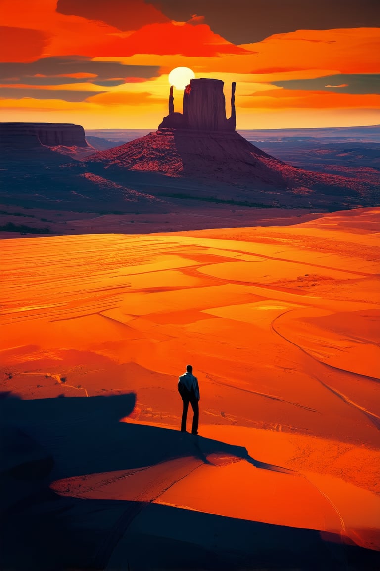 Vibrant sunset hues engulf a lone figure standing at the edge of a vast, orange-drenched desert landscape, where towering rock formations meet a fiery sky. Warm lighting casts long shadows, accentuating the subject's dramatic pose, as they gaze out upon an infinite expanse of blazing color.