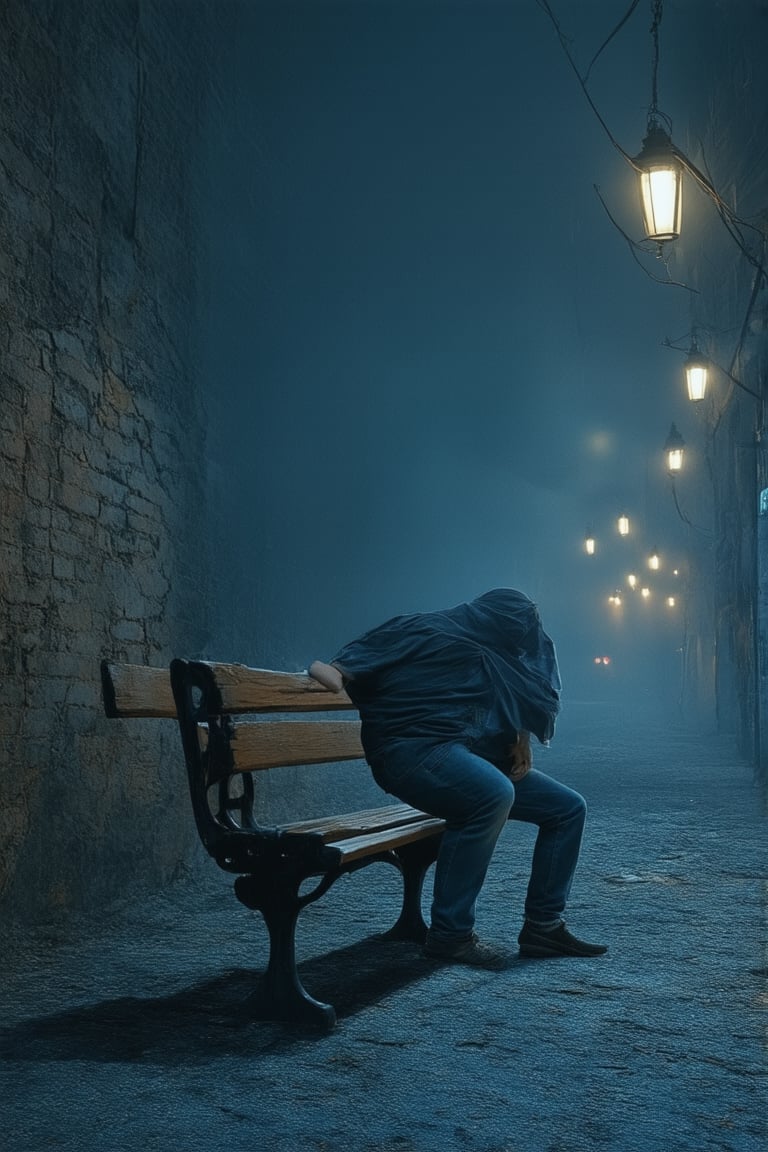 A somber, dark blue-hued realism piece captures a fleeting moment of contemplation. A lone figure, dressed in worn jeans and a faded black t-shirt, sits on a weathered wooden bench amidst a backdrop of crumbling brick walls. Shadows cast by flickering streetlights dance across the subject's solemn face, as if weighed down by the secrets kept within.