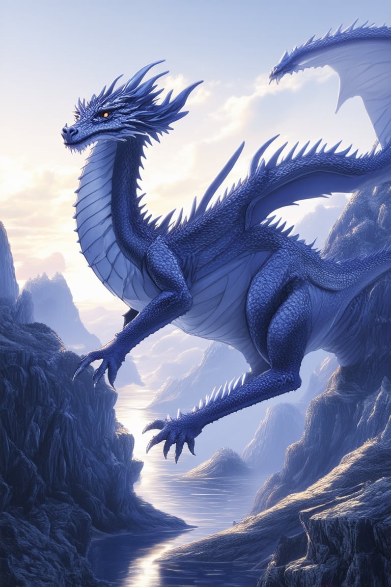 A majestic blue dragon sprawls across a misty mountain peak, its scales glistening in the soft dawn light. The creature's wings stretch out to either side, as if embracing the rugged landscape. In the distance, a serene lake glimmers, reflecting the blue hue of the dragon's majesty.