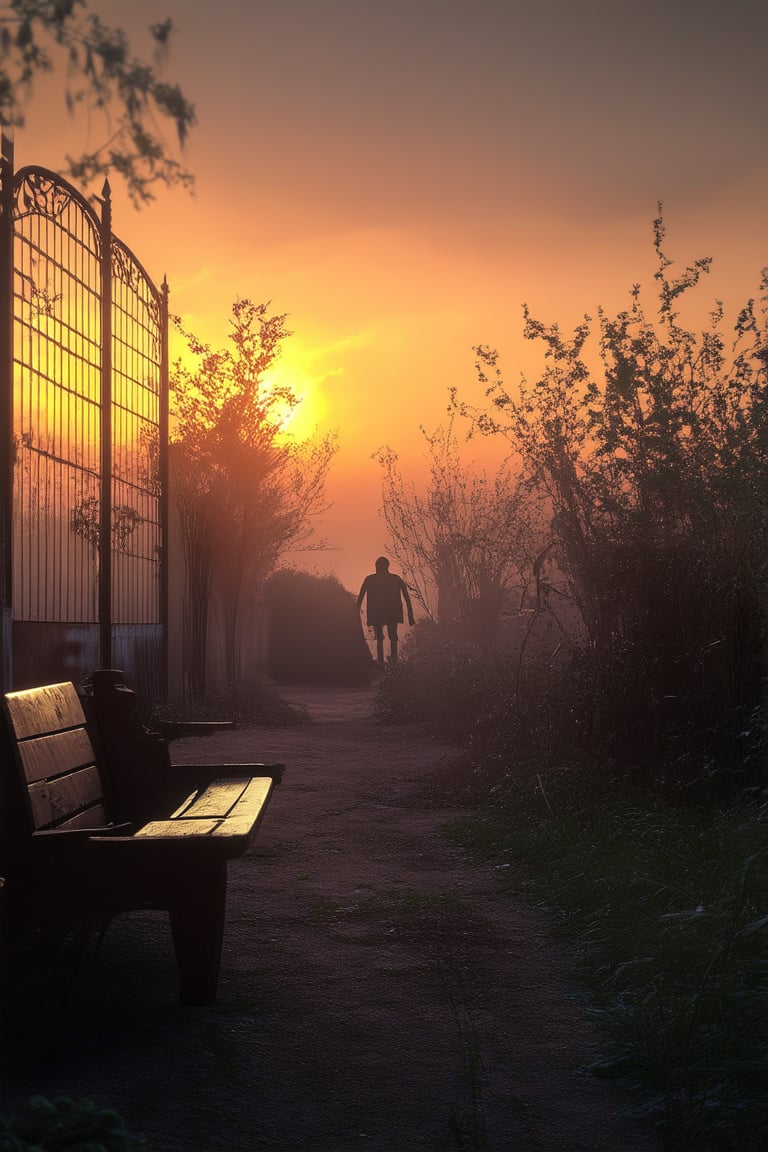 A warm sunset glow bathes a vintage-inspired setting, reminiscent of bygone eras. Soft focus captures a nostalgic scene: worn wooden benches, rusty gates, and overgrown gardens. A lone figure stands in the distance, backlit by the fading light, shrouded in misty mystery.