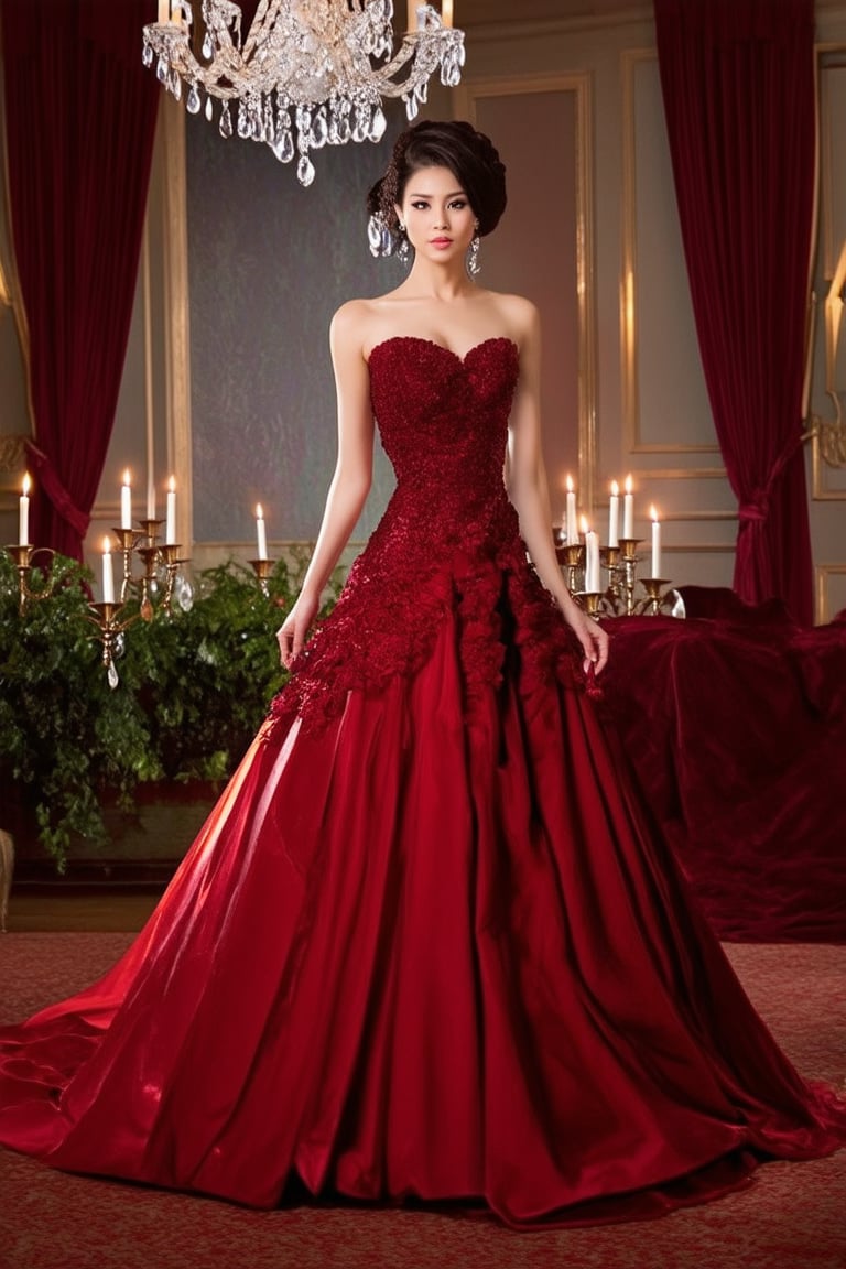 A sumptuous ballroom with crystal chandeliers and velvet drapes. A stunning woman in a lavish red gown, her raven hair styled in an elegant updo, poses majestically against a backdrop of opulent candelabras and lush greenery. Soft candlelight casts a warm glow on her radiant skin.