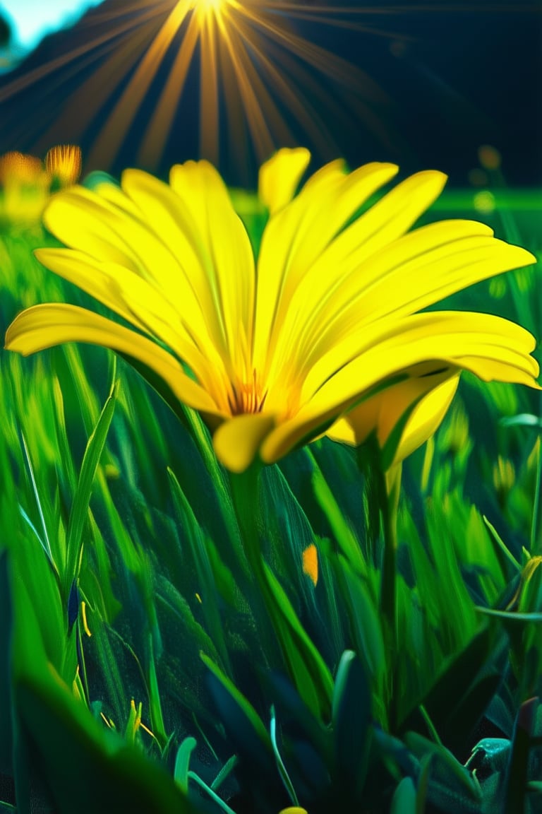 A vibrant, colorful close-up shot of a bright yellow flower blooming in a lush green meadow, with soft golden sunlight illuminating its delicate petals and warm rays highlighting the surrounding blades of grass. The camera captures the intricate details of the flower's texture and shape as it sways gently in the breeze.