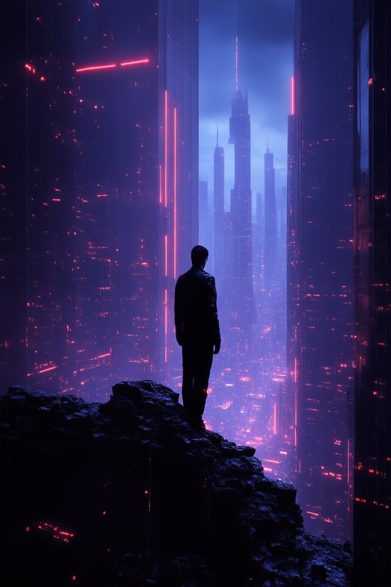 A futuristic cityscape at dusk, with neon-lit skyscrapers piercing the darkening sky. A lone figure, dressed in a sleek black jumpsuit, stands atop a crumbling rooftop, gazing out at the sprawling metropolis. The subject's cybernetic enhancements glow softly in the fading light, as they survey the urban landscape with a mix of determination and trepidation.