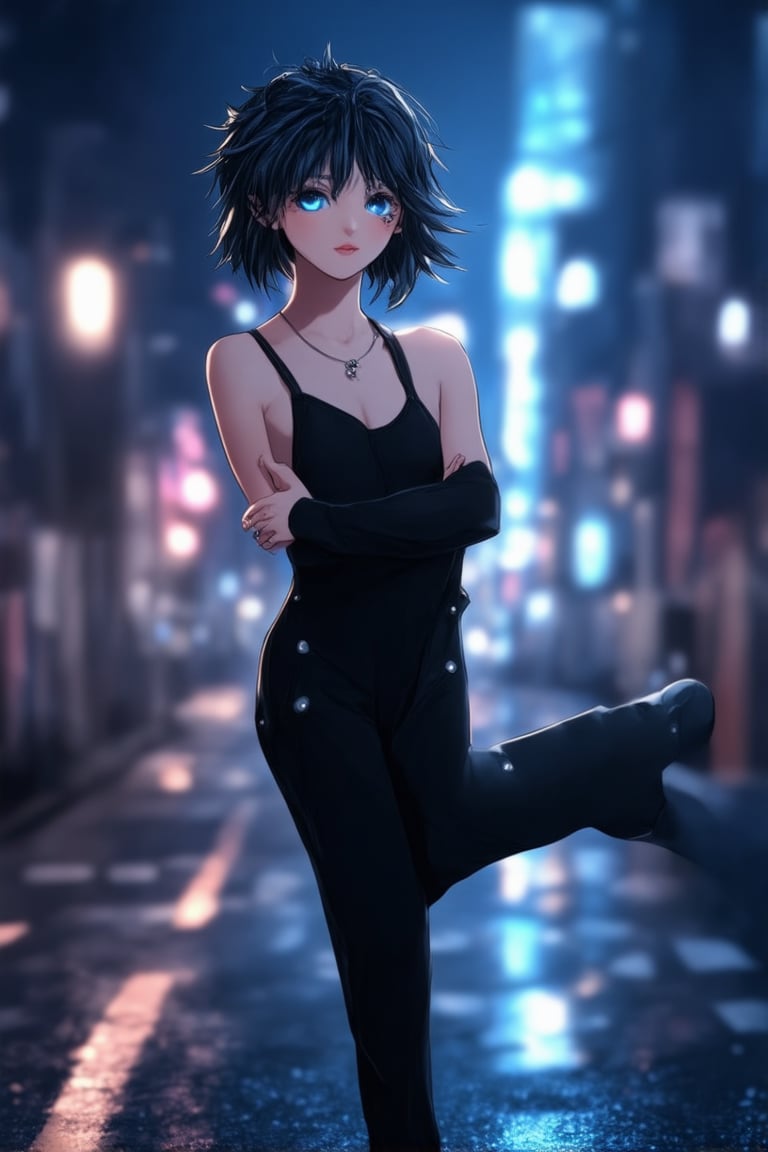 A teenage girl with short spiky hair and piercing blue eyes stands confidently, one leg bent at a 45-degree angle, with her arms crossed over her chest. She's wearing a sleek black jumpsuit adorned with silver accents, framed against a dark cityscape backdrop with neon lights reflecting off the wet pavement. The camera captures her bold pose from a slightly overhead angle, highlighting the dynamic tension in her stance.