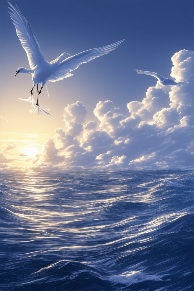 A majestic blue sky with wispy clouds scattered across the horizon, set against a warm golden glow of sunset's descent. A solitary seagull soars majestically, its feathers glistening in shades of cerulean and azure as it rides the gentle breeze. The framing of the shot showcases the bird's regal posture against a backdrop of puffy clouds and a deep blue sea, while the warm lighting highlights the textures of the feathered friend's plumage.