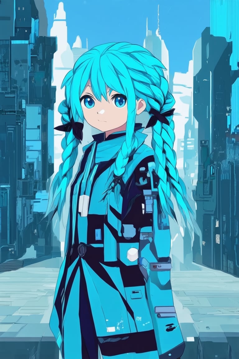 A vibrant blue hue dominates the frame as a young anime protagonist stands confidently in front of a futuristic cityscape. Her bright blue hair is styled in intricate braids, matching the tone of her striking eyes and fashionable outfit. A subtle gradient of blues transitions from sky to buildings, creating an immersive atmosphere.