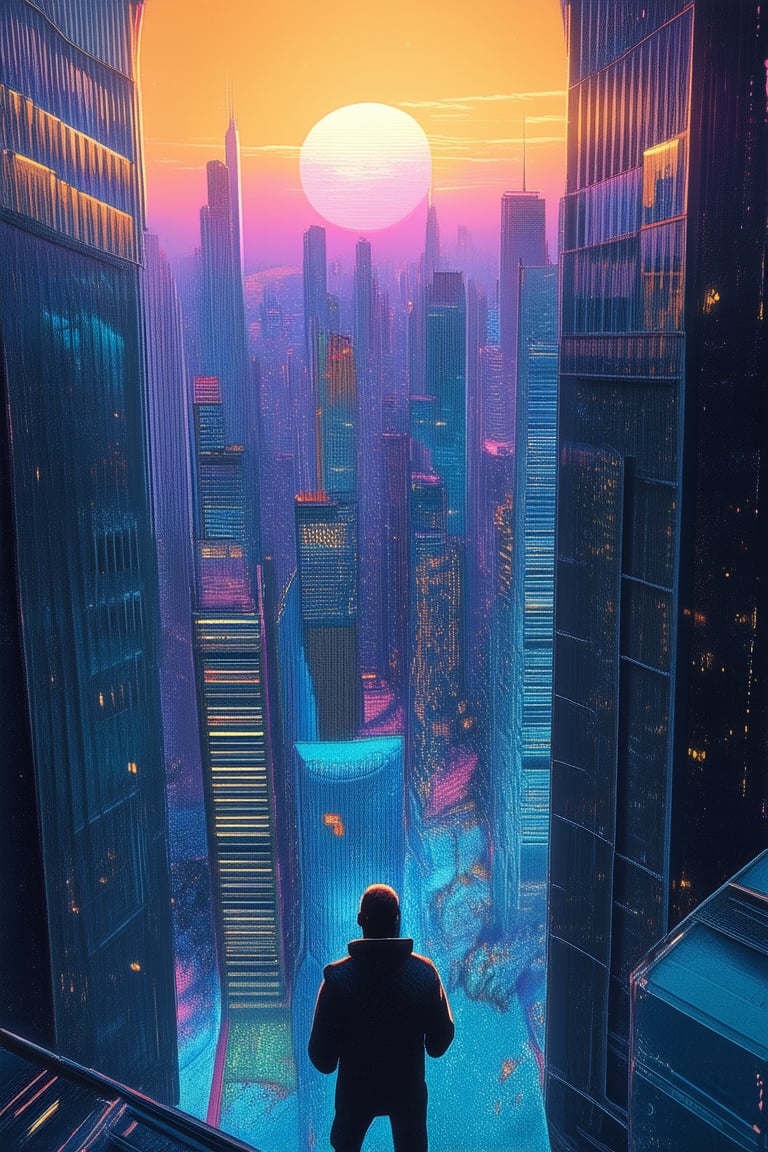 A futuristic cityscape at dusk, with a gradient world unfolding in the distance. Softly lit skyscrapers fade into a kaleidoscope of colors, transitioning from deep blues to vibrant oranges and yellows. In the foreground, a lone figure stands at the edge, gazing out at the breathtaking vista.