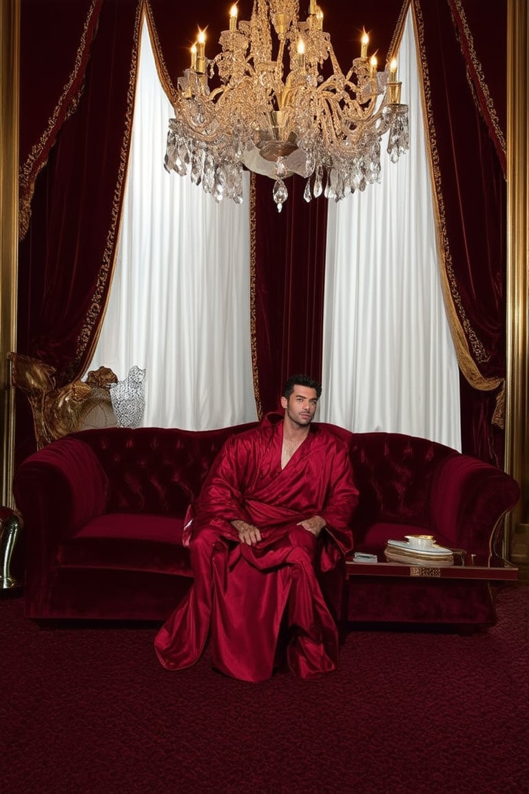 A sumptuous interior setting, with richly upholstered furniture in a deep crimson hue, against a backdrop of gleaming gold accents and soft, warm lighting. A regal figure, draped in luxurious silk robes, sits elegantly on a velvet sofa, surrounded by opulent drapery and ornate chandeliers, exuding an air of refinement and sophistication.