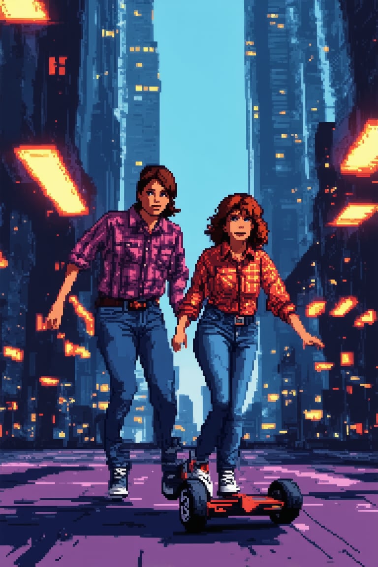 A retro-futuristic landscape with neon-lit skyscrapers and hoverboards whizzing by in a 1990s-inspired futuristic cityscape. A group of teenagers dressed in high-waisted jeans, oversized flannel shirts, and chunky sneakers pose confidently in the foreground, surrounded by pixelated graphics and cassette tapes. Flickering fluorescent lights illuminate the scene with a warm, nostalgic glow.