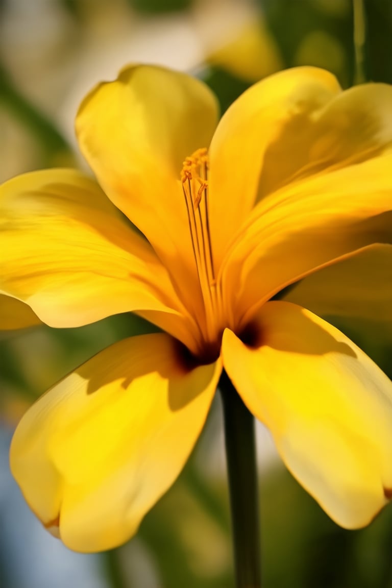 A close-up shot of a vibrant yellow Hakame flower, its petals slightly curled as if embracing itself, set against a warm, sunlit background. Soft focus highlights the delicate texture and intricate details of the bloom, while the surrounding area is softly blurred, emphasizing the flower's beauty.