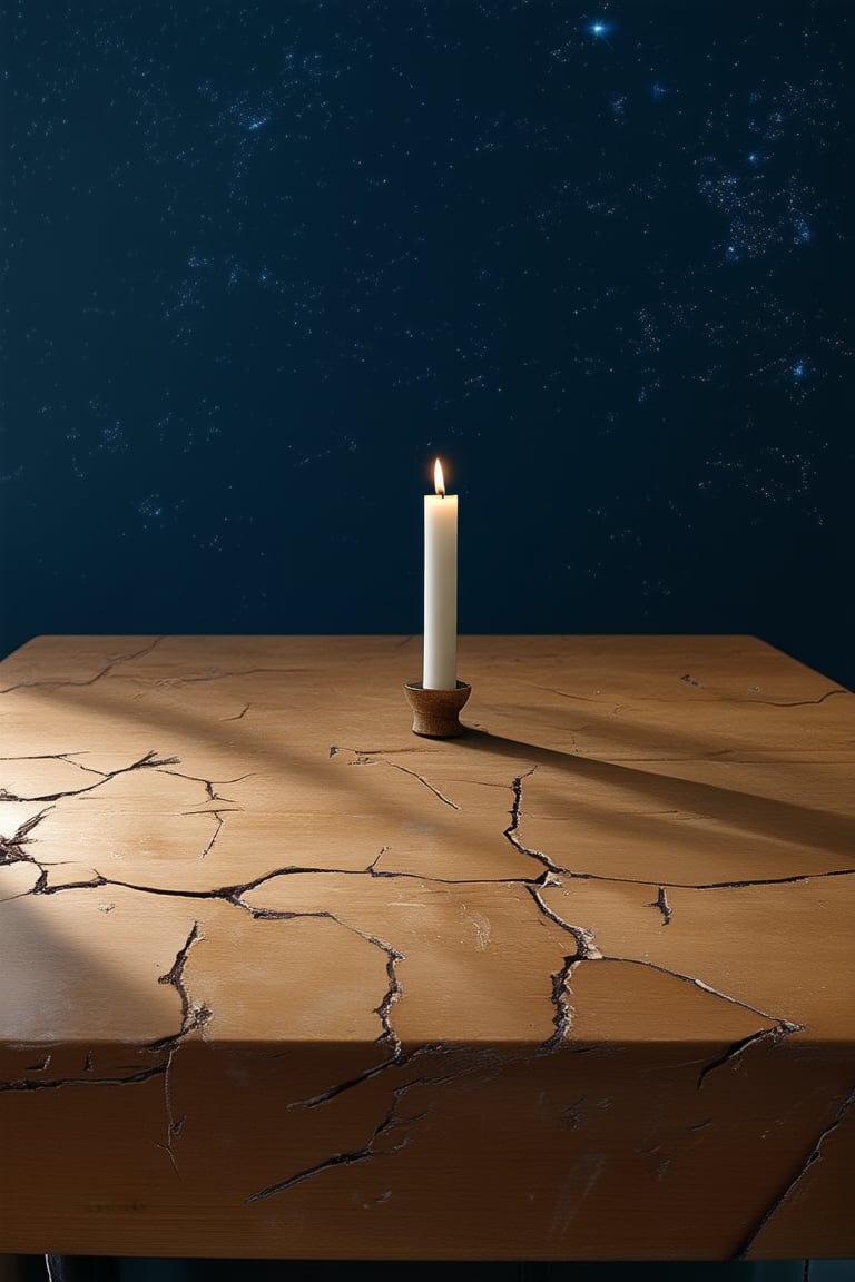 A somber still life depiction of a worn wooden table, set against a dark blue backdrop, with only a few faint stars twinkling above. A single, flickering candle casts an eerie glow, illuminating the cracked and weathered surface. Shadows dance across the wood, as if trying to escape the dim light.