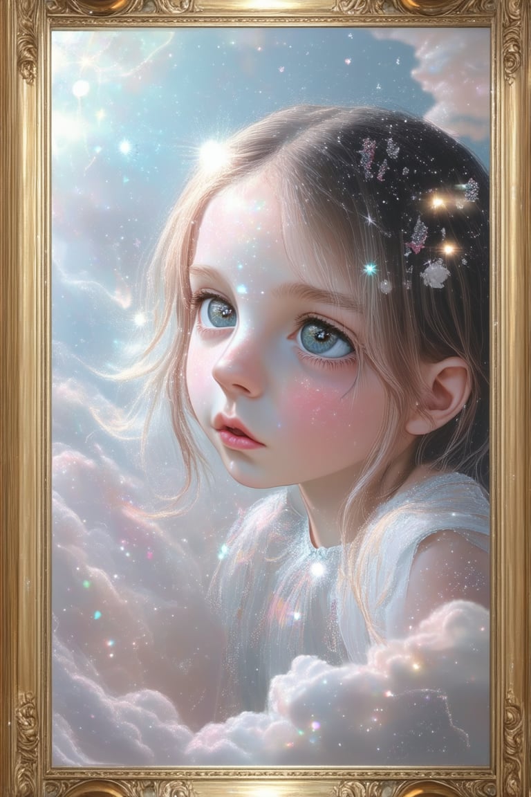 A whimsical illustration depicts a young girl with a sparkling aura, surrounded by swirling clouds of glittering fairy dust, her eyes aglow with wonder. Softly lit from above, the scene is framed within an ornate golden border, as if transported from a fantasy realm.