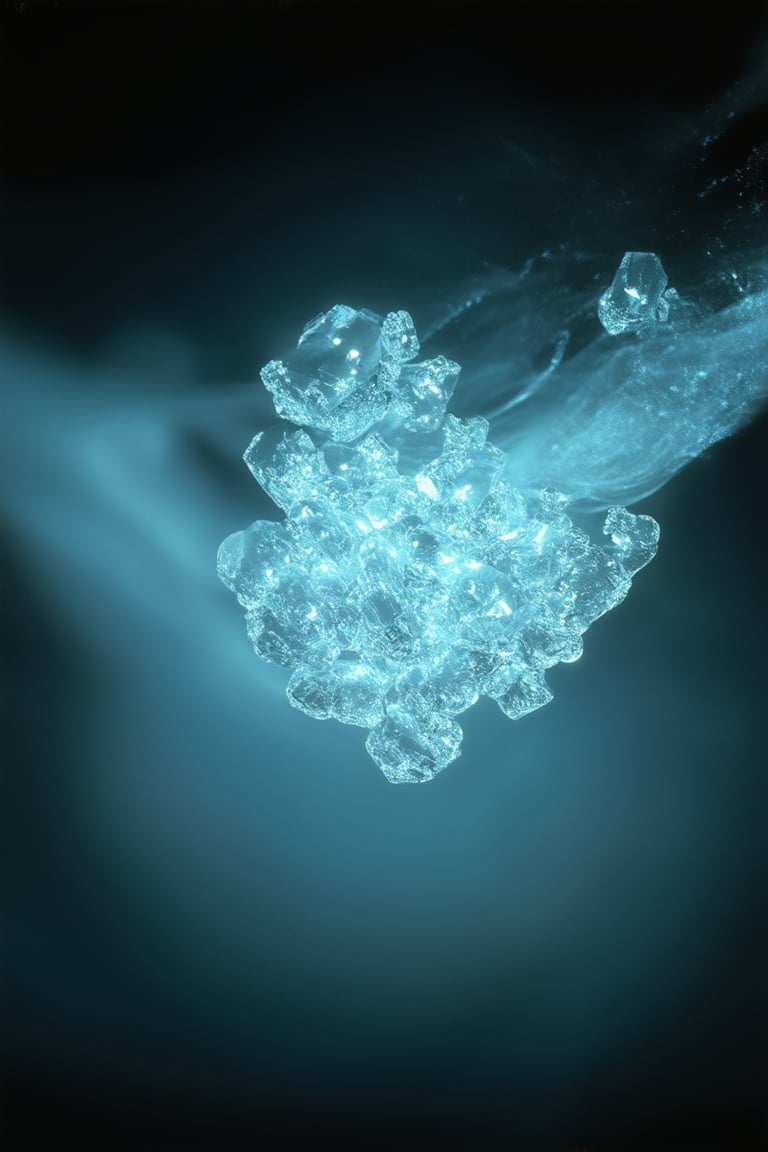 A mesmerizing still life: a cluster of glowing crystals suspended in mid-air, surrounded by a soft blue glow. The camera captures their radiant faceted surfaces from a slightly overhead angle, highlighting the delicate wisps of mist swirling around them. A dark, mystical background provides depth and contrast to the shimmering crystals' ethereal beauty.