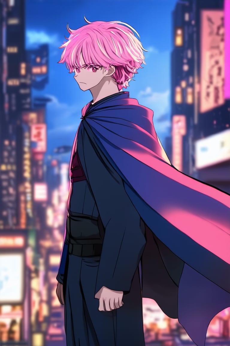 A young anime protagonist stands confidently in a vibrant cityscape at dusk, with neon lights reflecting off their bold hair. They wear a stylish outfit, complete with a flowing cape and a determined expression, as they gaze out at the bustling metropolis. The camera frames them from a low angle, emphasizing their heroic pose against the dynamic urban backdrop.