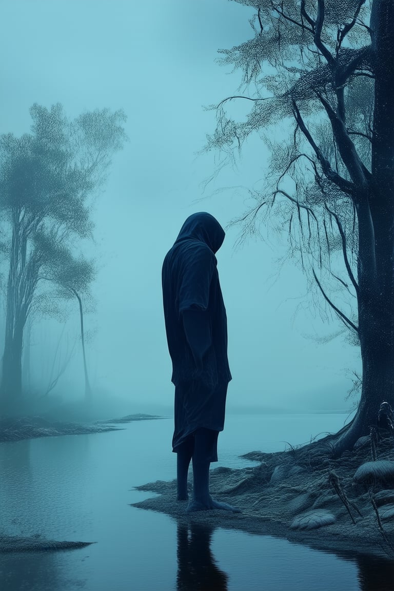 A dark blue-hued realism depicting a somber atmosphere: a solitary figure stands at the edge of a murky lake's shoreline, shrouded in mist and surrounded by towering trees, their branches like skeletal fingers reaching towards the ominous sky. The subject's face is obscured, lost in thought as they gaze into the darkness.