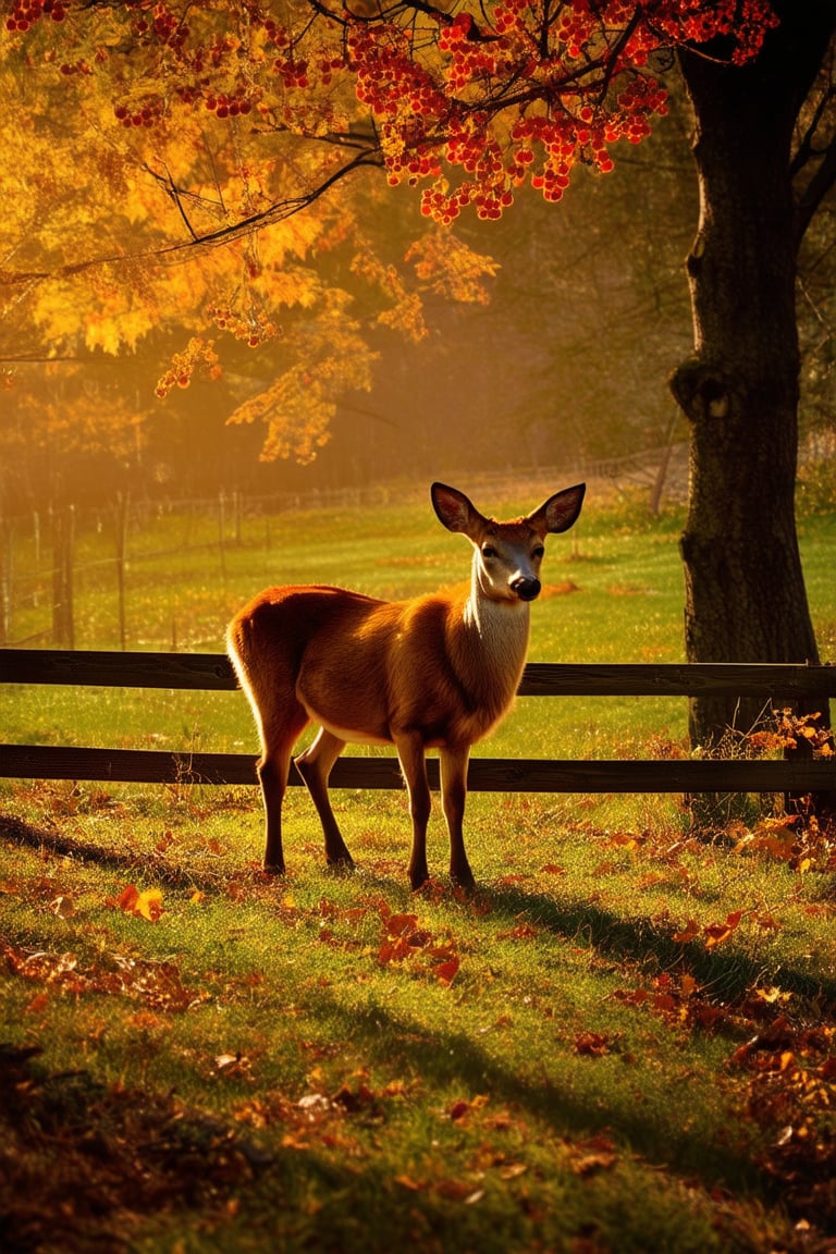 A warm golden light casts a cozy glow on a serene autumn forest scene, with vibrant orange and yellow leaves scattered across the grassy clearing. A rustic wooden fence borders the frame, adorned with crimson berries and wispy vines. A solitary deer stands still, its brown coat blending with the foliage as it surveys the picturesque landscape.