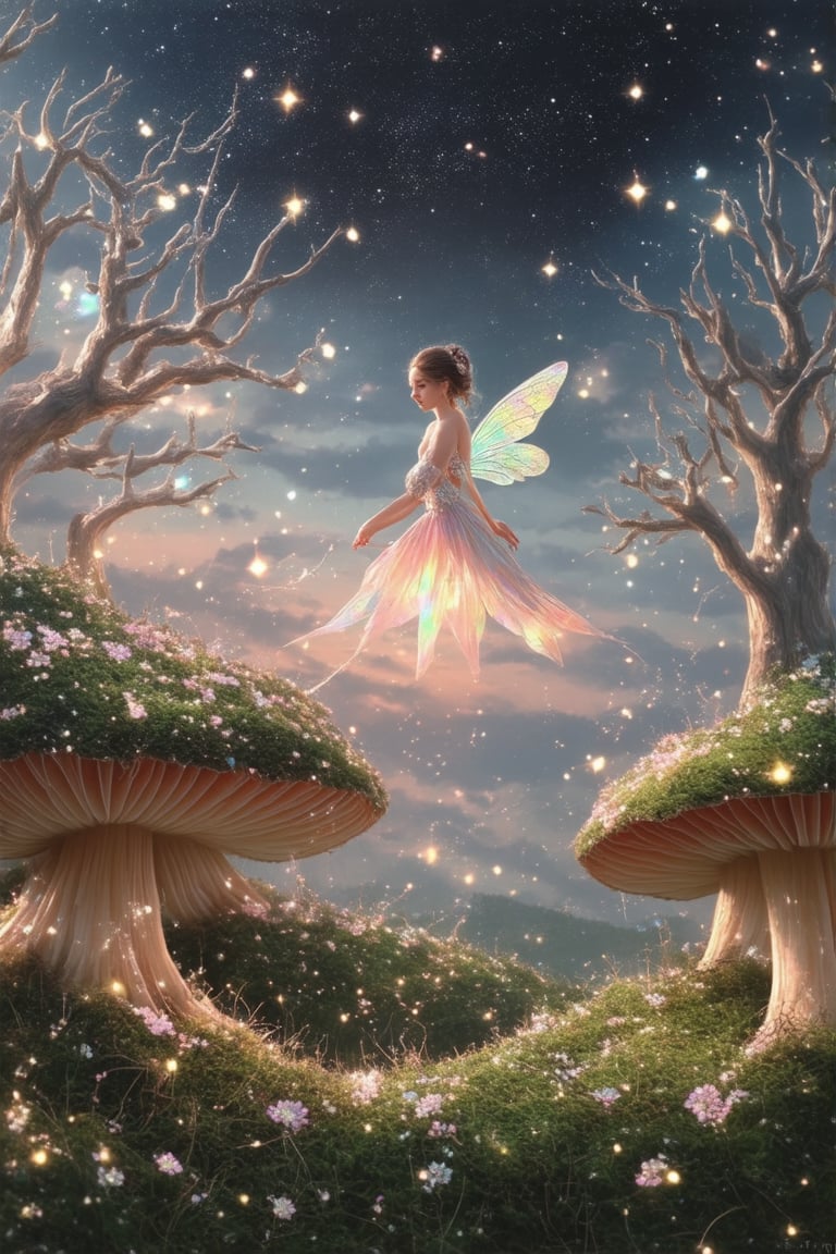 A whimsical depiction of a mystical forest at dusk. A radiant fairy perches on a moss-covered toadstool, her wings shimmering with iridescent wonder. The camera captures her profile from above, bathed in the warm glow of twinkling fireflies and soft, golden light filtering through the treetops. In the background, ancient trees stretch towards the starry sky, their gnarled branches tangled in a mystical dance.