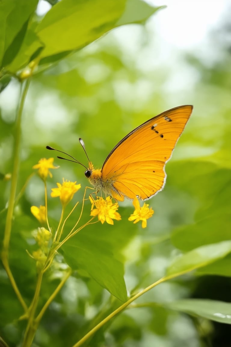 A vibrant yellow Hakame butterfly perches delicately on a lush green leaf, its wings spread wide in a majestic arc. Soft morning light casts a warm glow, highlighting the subtle sheen of its exoskeleton. The surrounding foliage is a blur of motion, with leaves and stems gently swaying in the breeze as the butterfly's slender body remains still, its antennae twitching ever so slightly as it savors the sweet nectar of nearby flowers.