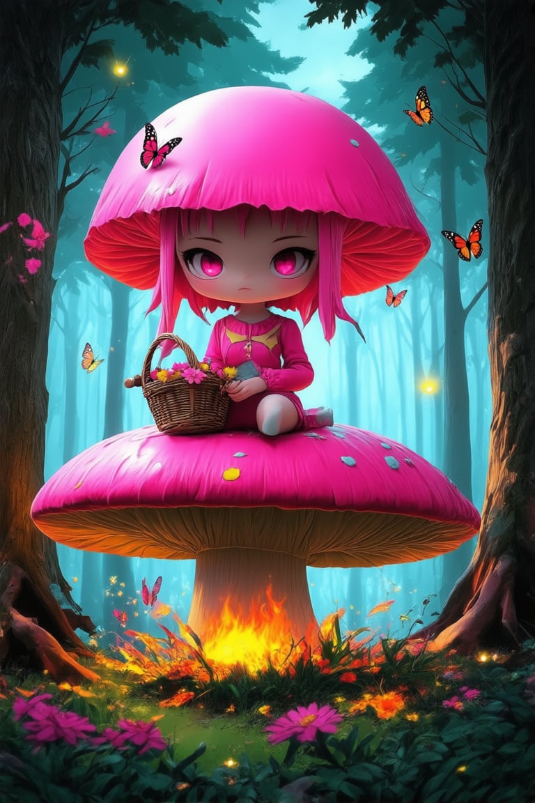 A chibi character sitting on a giant mushroom in a whimsical forest, surrounded by fluttering butterflies and tall trees with glowing fireflies. The subject is posed in a playful manner, with one hand holding a tiny sword and the other cradling a basket of colorful flowers. Soft pastel lighting illuminates the scene, with warm hues accentuating the character's bright pink hair and rosy cheeks.