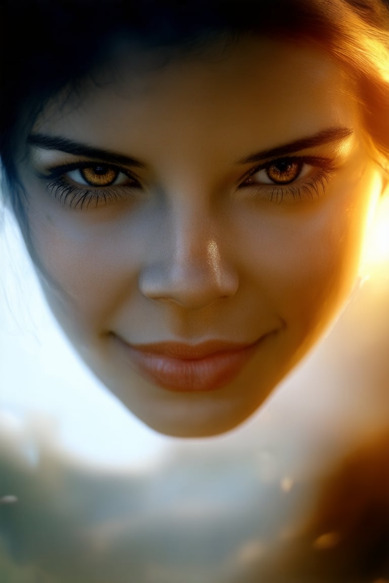 A woman's face, etched with determination, stares directly into the camera's lens. Her eyes blaze with conviction, her brows furrowed in focus. The background is blurred, a warm golden light illuminating only her features. A subtle smile plays on her lips, hinting at a strength that can move mountains.