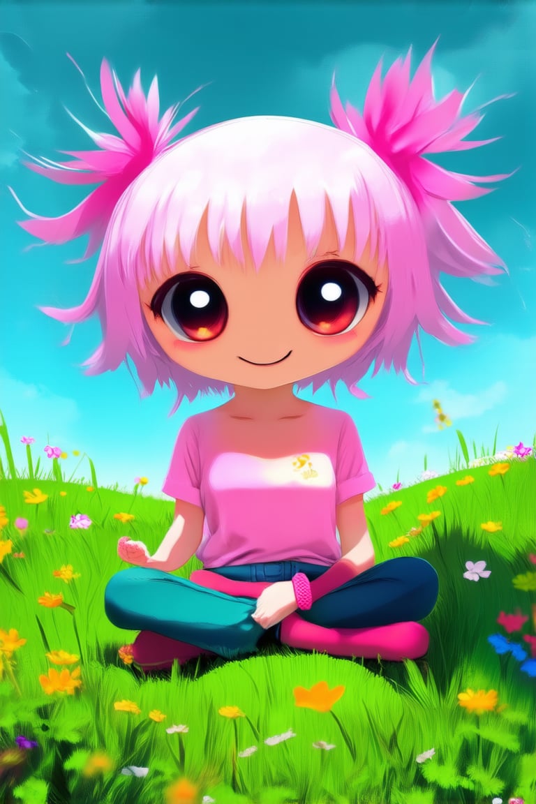 A whimsical illustration of a chibi character, featuring a petite protagonist with large eyes and a bright smile, sitting cross-legged on a lush green grassy hillside amidst blooming wildflowers. Soft pastel colors and gentle shading bring the scene to life, as the subject's joyful expression radiates warmth and friendliness.