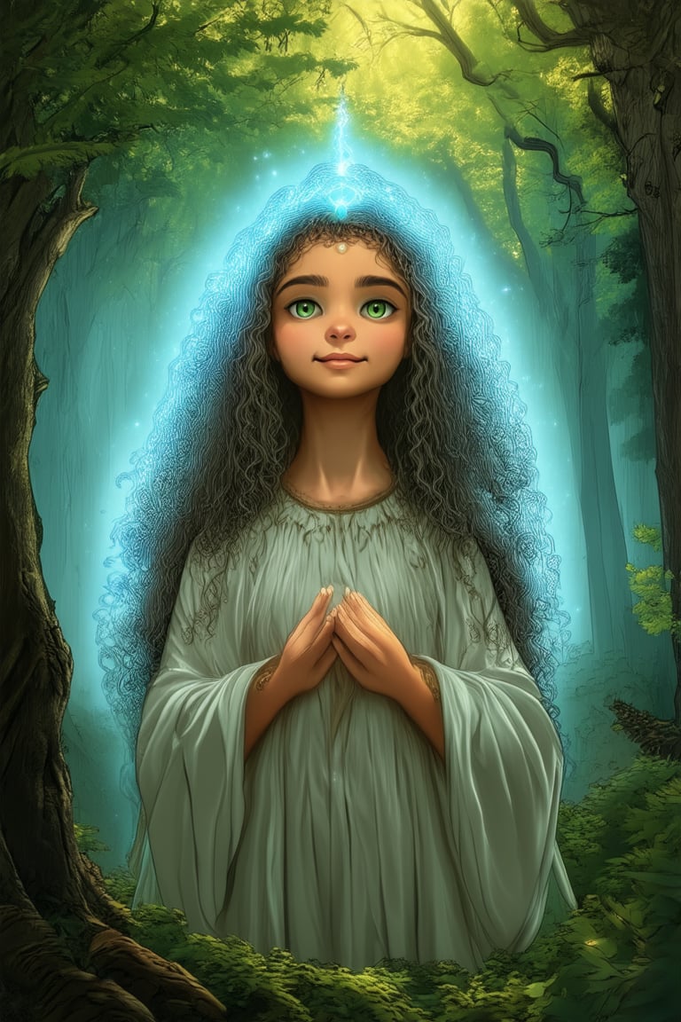 Mystical Mama: A mystical woman with a warm, inviting aura, stands tall amidst a lush forest glade. Her long, curly hair flows like vines around her face, as she gazes up at the misty veil of ancient trees. Soft, golden light filters through the leaves, illuminating her enigmatic smile and piercing green eyes that seem to hold secrets of the forest.