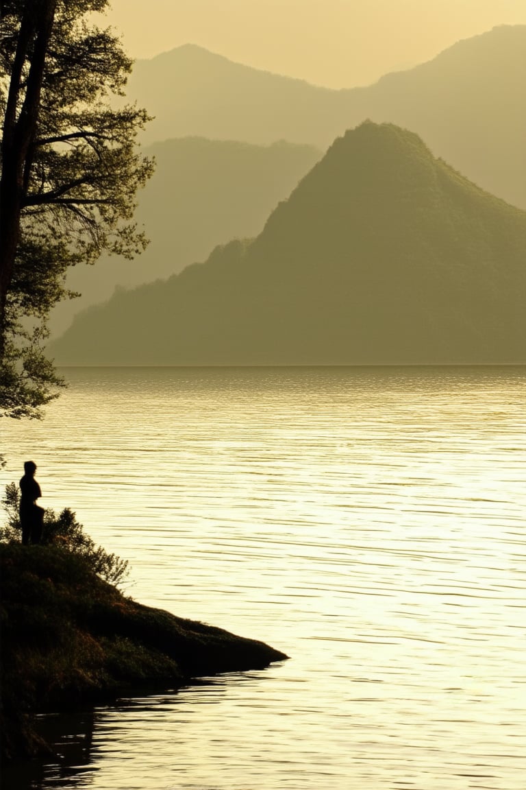 A serene Mandana Koka landscape: A tranquil lake's edge at sunrise, with misty mountains in the background. The warm golden light casts a gentle glow on the ripples of water and surrounding foliage. In the foreground, a lone figure stands still, dressed in earthy tones, lost in thought as the world awakens around them.