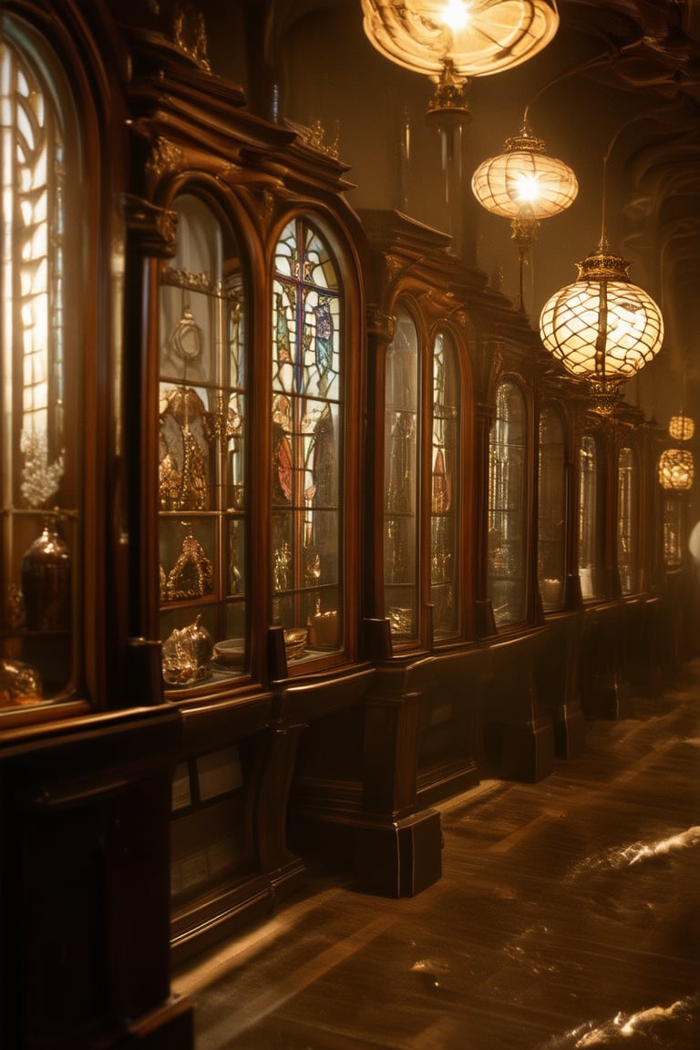 A dimly lit, ornate museum chamber is bathed in a warm, golden glow from antique lamps and stained glass windows. Rows of intricately carved wooden display cases line the walls, each one filled with mysterious artifacts and relics from ancient civilizations. A wispy mist swirls around the air, hinting at the mystical energies that permeate this sacred space.