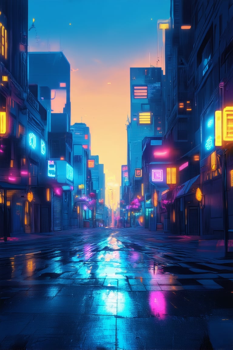 A surreal cityscape at dusk, bathed in a vibrant effect of neon lights and warm streetlights, casting long shadows on the wet pavement. Buildings with bold colors and geometric shapes seem to pulse with energy, as if infused with an electric blue glow.