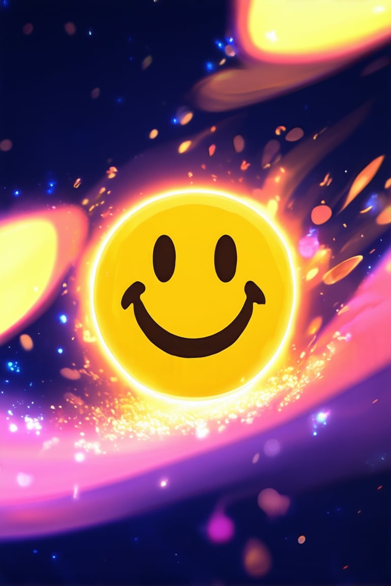 A close-up shot of a bright yellow smiley face emoji glowing against a dark blue background, surrounded by swirling purple and pink particles, radiating warmth and energy. The lighting is soft with a hint of golden glow, emphasizing the vibrancy of the emoji's expression.