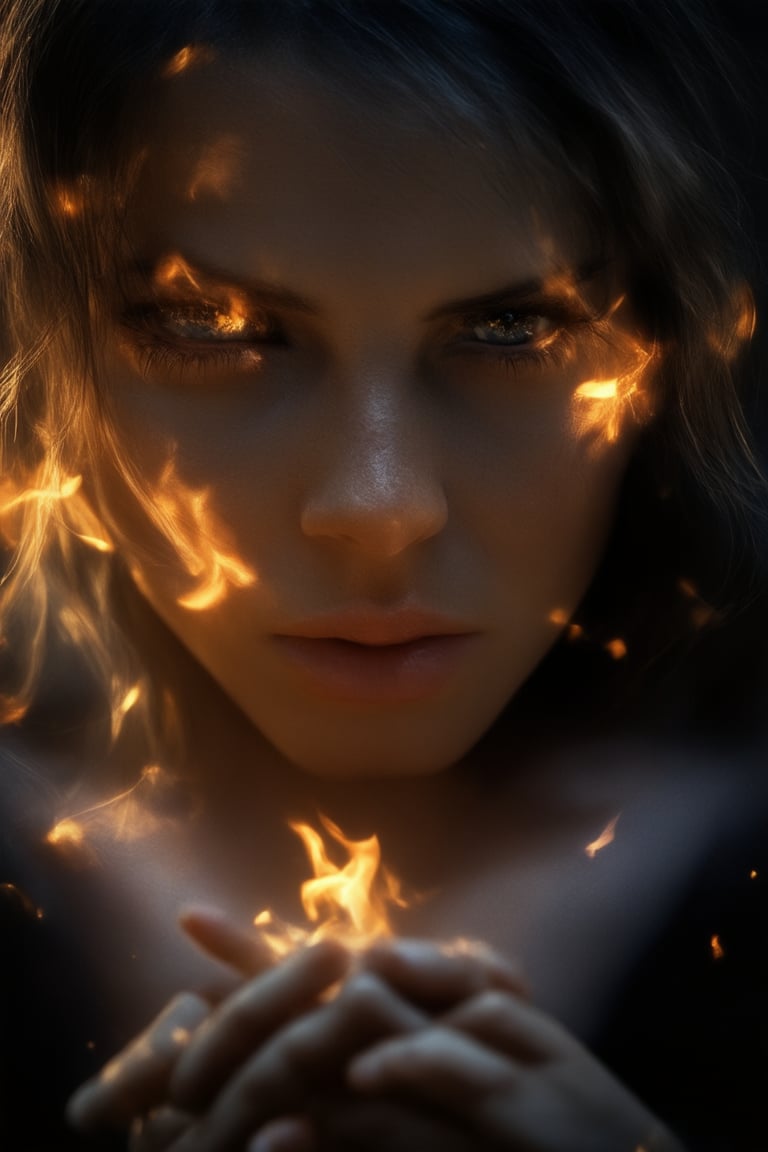 A dramatic portrait of a woman with an intense expression, her eyes blazing like embers as she gazes directly into the camera's lens. Her face is bathed in warm, golden light, with deep shadows accentuating the contours of her features. Her hands are clasped together, her fingers intertwined in a symbol of inner turmoil, set against a dark, muted background that amplifies the emotional intensity of the moment.