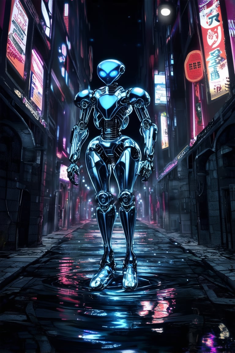 In a dystopian metropolis, a neon-lit alleyway serves as the backdrop for an abstract cyberpunk scene. A humanoid robot with glowing blue circuits stands tall, its metallic body reflected in a pool of dark water. The walls are adorned with vibrant street art, while holographic advertisements swirl above.