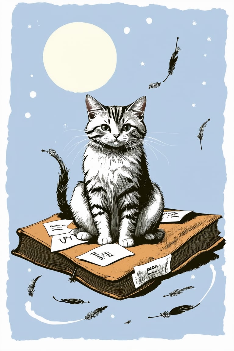 A whimsical ink illustration of a curious cat sitting on a worn leather book, surrounded by scattered papers and quills, with a faint hint of moonlight casting an ethereal glow on the mystical scene.