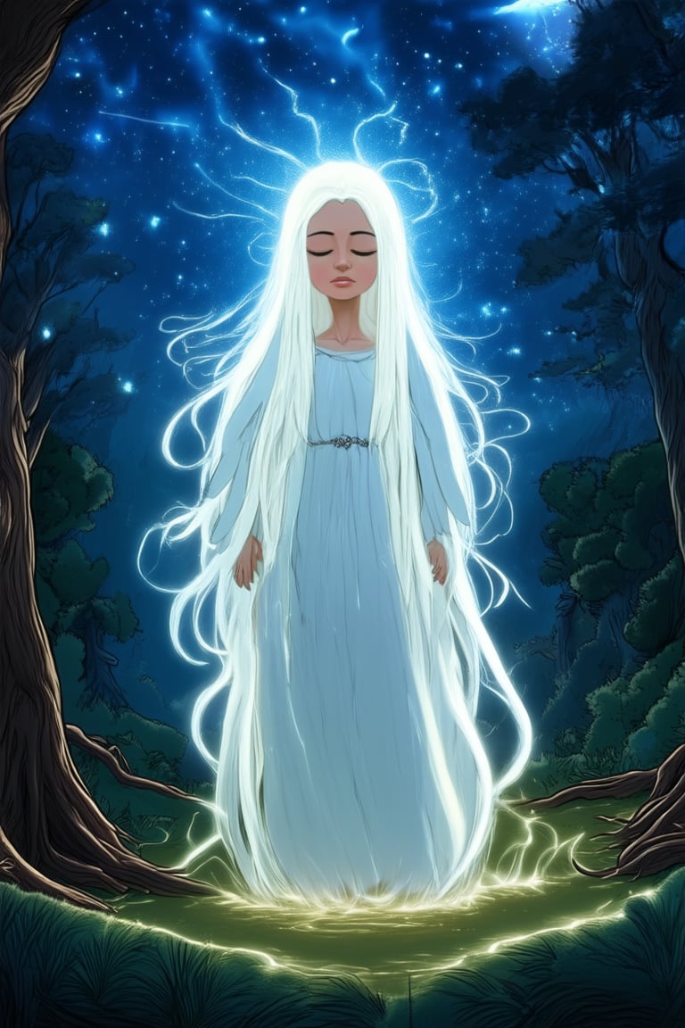 Moonlit forest glade at twilight, mystical Mama stands tall, her long silver hair cascading down her back like a river of stars. Ethereal light casts an otherworldly glow on her serene face, eyes closed in deep contemplation as she reaches out to connect with the celestial forces above. Ancient trees loom behind, their branches tangled in a mystical dance.