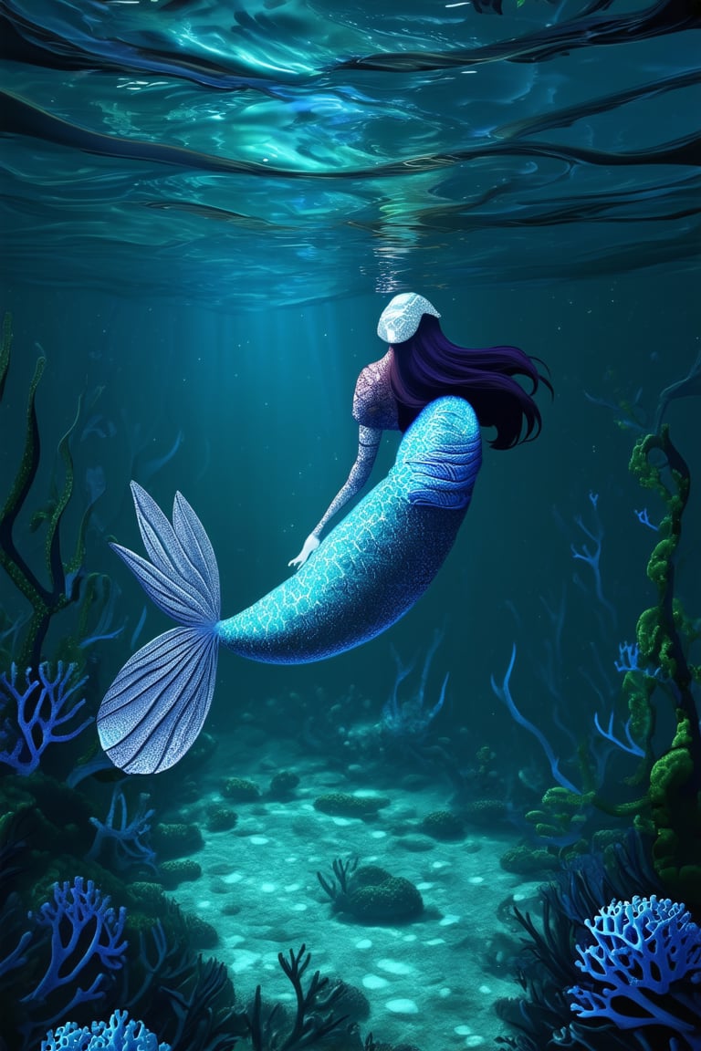 A serene underwater scene: a majestic mermaid (DeepBlue) floats ethereally amidst shimmering turquoise waters, her long hair flowing like seaweed in the gentle current. Soft blue-green lighting casts an otherworldly glow, while delicate sea creatures dance around her, framing the shot with an intricate coral reef.