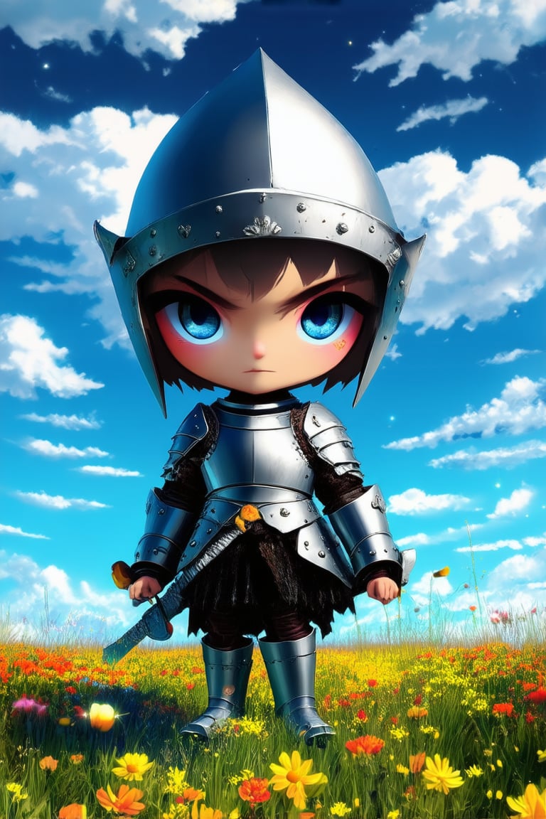 A whimsical chibi character posing in a bright meadow filled with colorful wildflowers, surrounded by fluffy white clouds and a soft blue sky. The tiny protagonist is dressed in a miniature version of a medieval knight's armor, complete with a tiny helmet and a mighty sword at their side. Their big round eyes shine bright with determination as they gaze directly at the viewer.