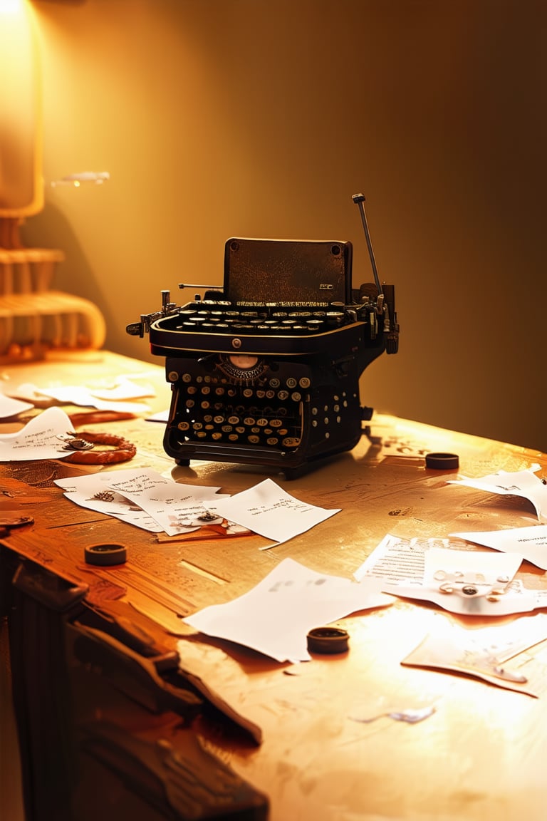 A surreal still life arrangement features a vintage typewriter perched on a worn wooden desk, surrounded by scattered sheets of paper, a mangled metal clockwork mechanism, and a few scattered gears. The overall composition is set against a warm, textured background with soft, golden lighting casting a sense of nostalgia.