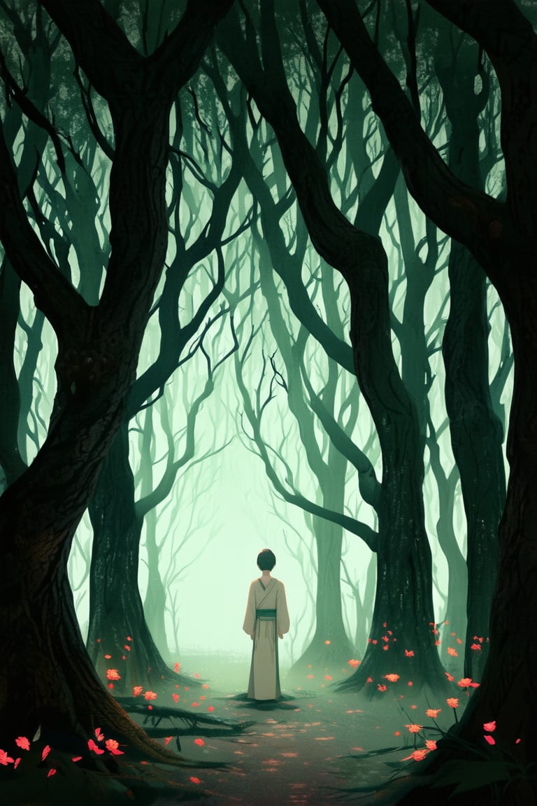 A dreamlike anime scene: In a dimly lit, misty forest, an intricate network of glowing vines wraps around ancient trees. A lone figure, dressed in a flowing white kimono, stands amidst the mystique, their hands weaving an ethereal tapestry as if conjuring reality itself.