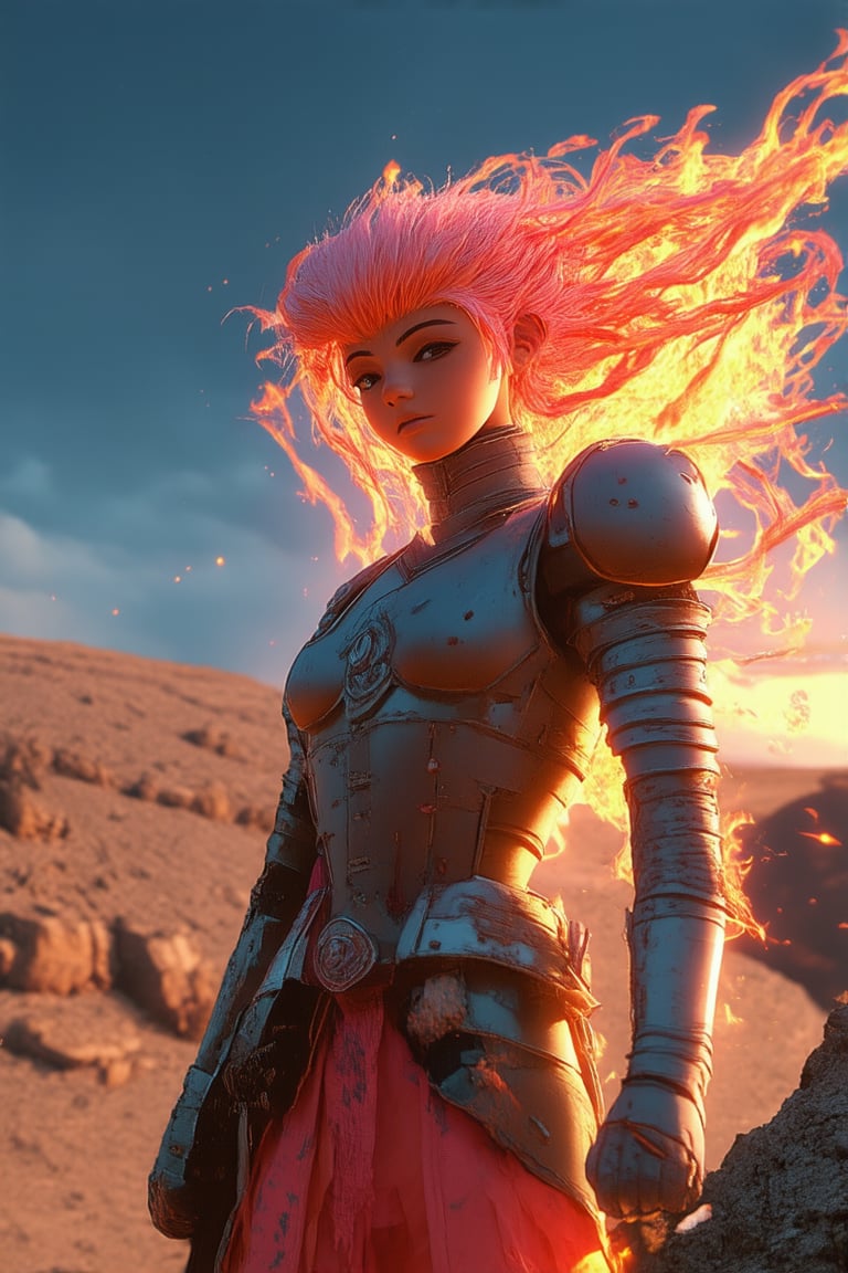 A close-up shot of a fiery pink-haired warrior standing triumphantly on a rocky cliffside, her bright locks blowing fiercely in the wind. Soft golden light illuminates her determined expression and highlights the vibrant color, while the rugged landscape behind her serves as a striking contrast.